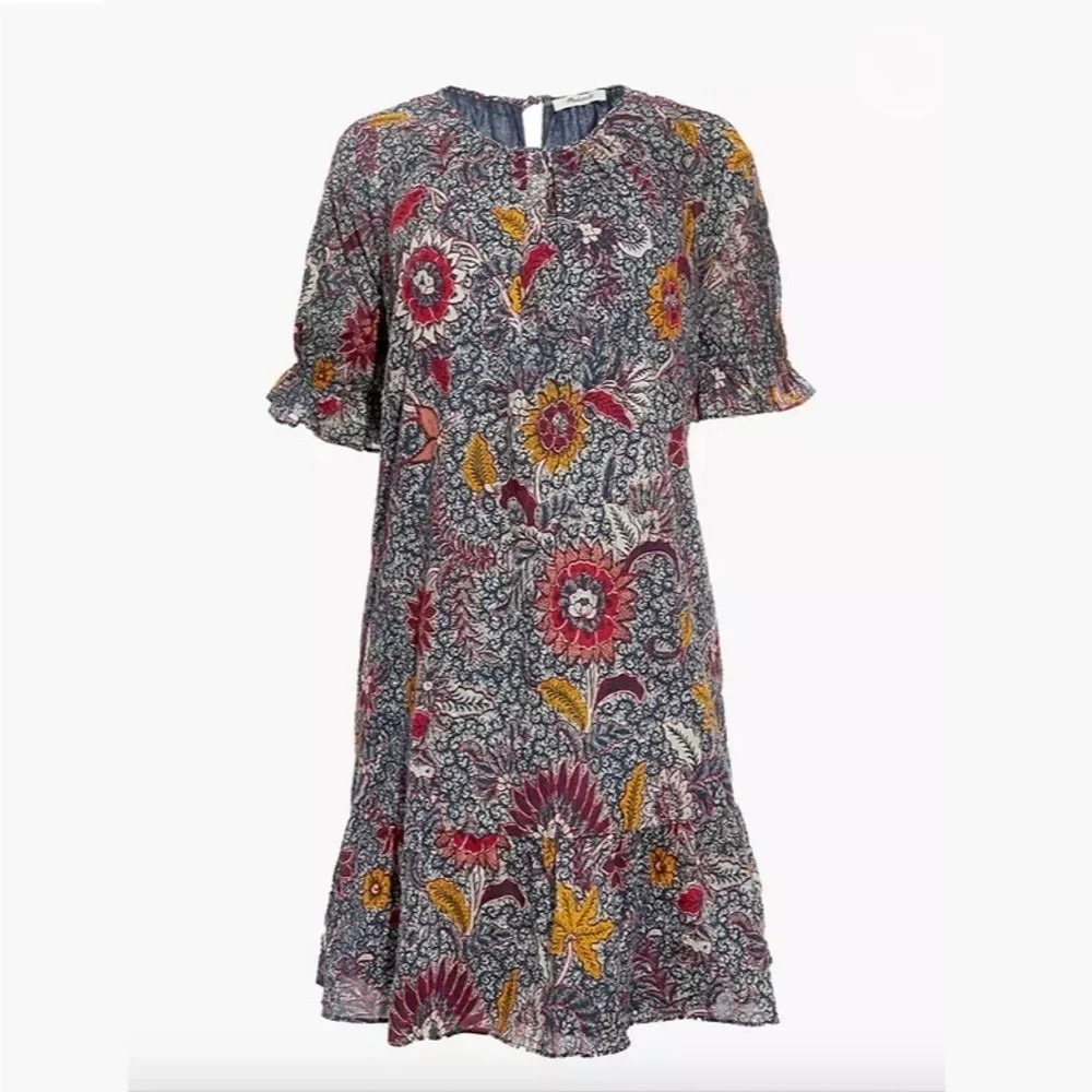 MADEWELL Ruffle-Sleeve Popover Mini Dress in Bali Blooms SIZE XL cotton